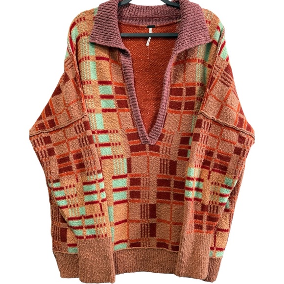 Free People Ruben Oversized Textured Plaid Collared Sweater Boho Pullover M - Picture 7 of 11